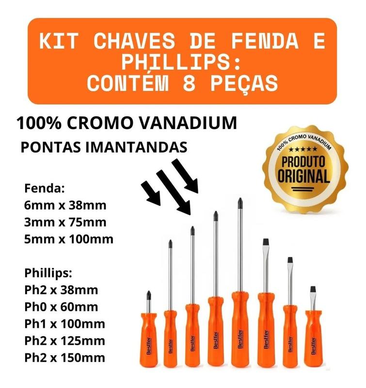 Kit Jogo De Chaves De Fenda Phillips 8 Peças Cromo Vanádio - Jogo